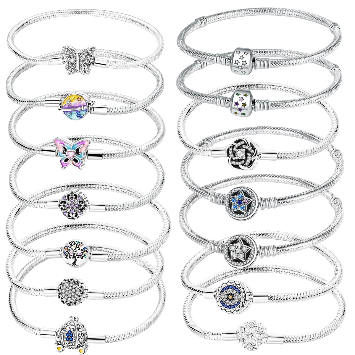 Sterling Silver 925 Star Clover Lotus Flower Snake Chain Bracelet for Women DIY Charm Jewelry Gift