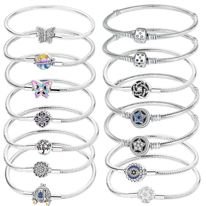 Sterling Silver 925 Star Clover Lotus Flower Snake Chain Bracelet for Women DIY Charm Jewelry Gift