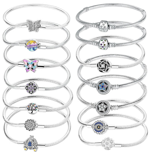 Sterling Silver 925 Star Clover Lotus Flower Snake Chain Bracelet for Women DIY Charm Jewelry Gift