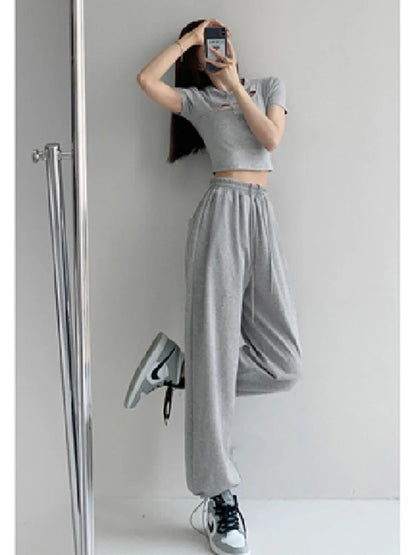 Korean White Blue High Waist Loose Drawstring Harem Pants