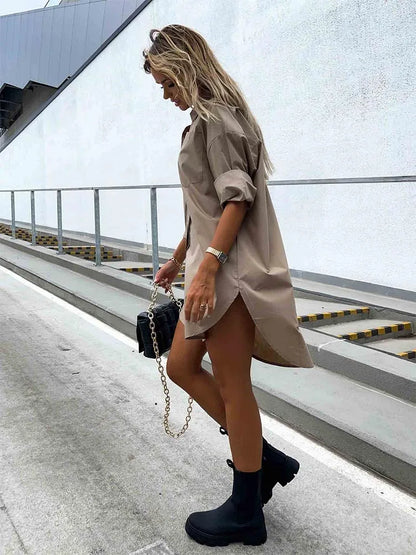 Womens Solid Button Front Shirt Dress Casual Long Sleeve