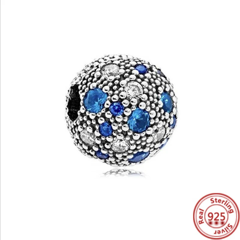 Sterling Silver Blue Zircon Feather Crown Moon Pendant Charm Bracelet Beads Y286 3mm-4mm