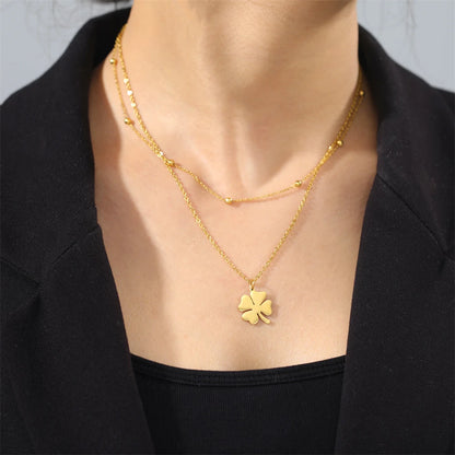 Cazador 2025 Lucky Clover Pendant Necklace Gold Color Double Layer Stainless Steel Jewelry for Women and Girls