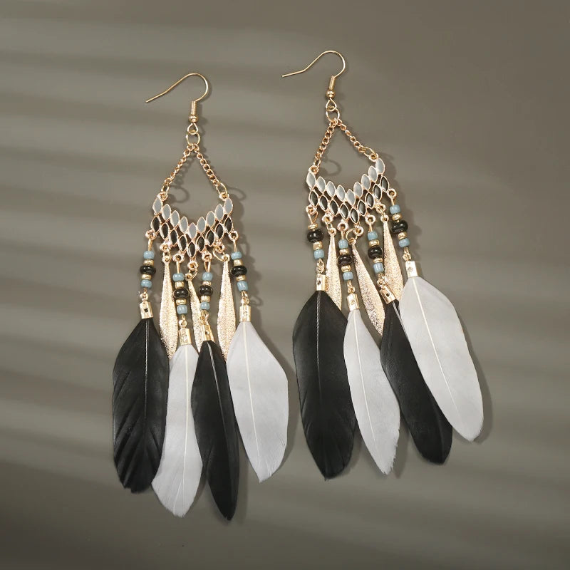 Bohemian Long Feather Drop Earrings with Tassel Beads and Enamel Flowers for Women
