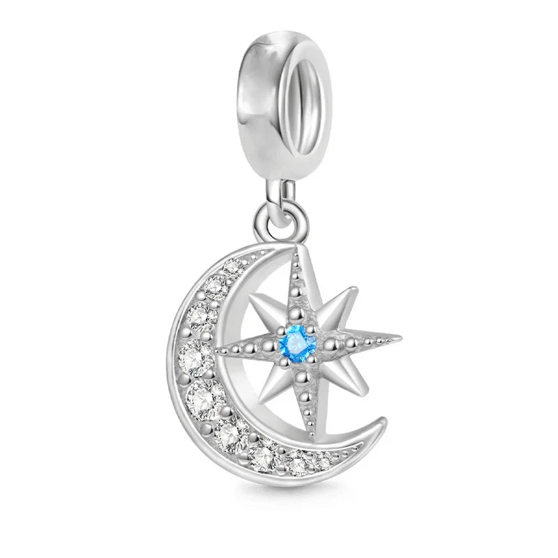 Sterling Silver Pave Star Crescent Moon Bead Bracelet