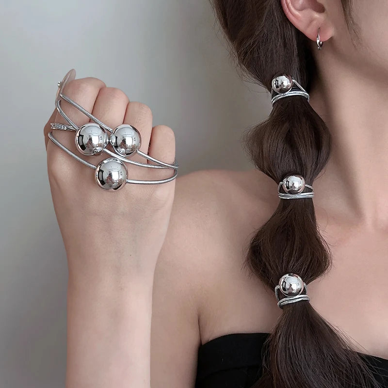 Silver Ball Elastic Hair Ties for Women and Girls - Elegant Bead Ponytail Accessories for Weddings and Parties