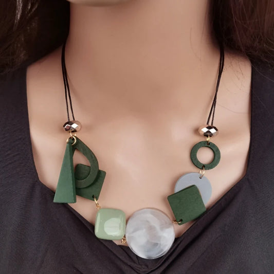 Vintage Wooden Geometric Pendant Necklace for Women Ethnic Handmade Statement Jewelry