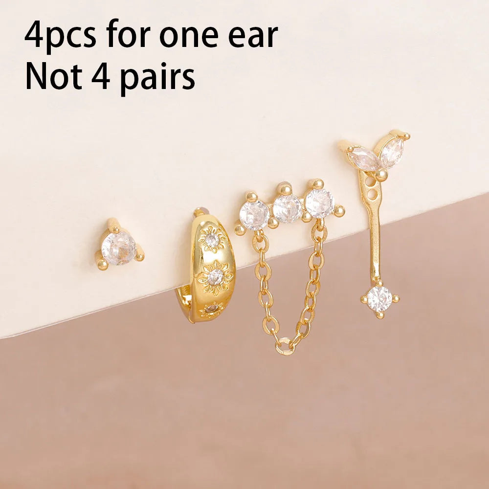 14K Gold Plated Dainty Zircon Flower Hoop Earrings Set for Women Stylish Stainless Steel Studs
