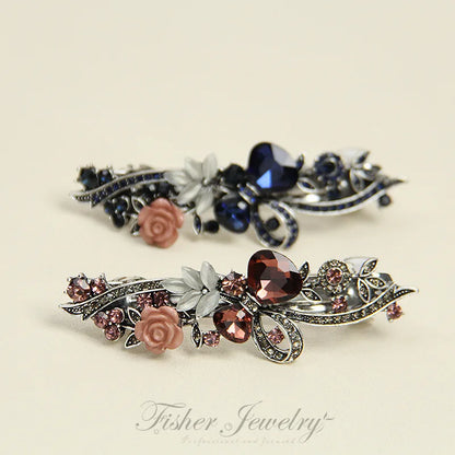 Elegant Red Crystal Flower Bow Hairpin With Vintage Blue Rhinestones