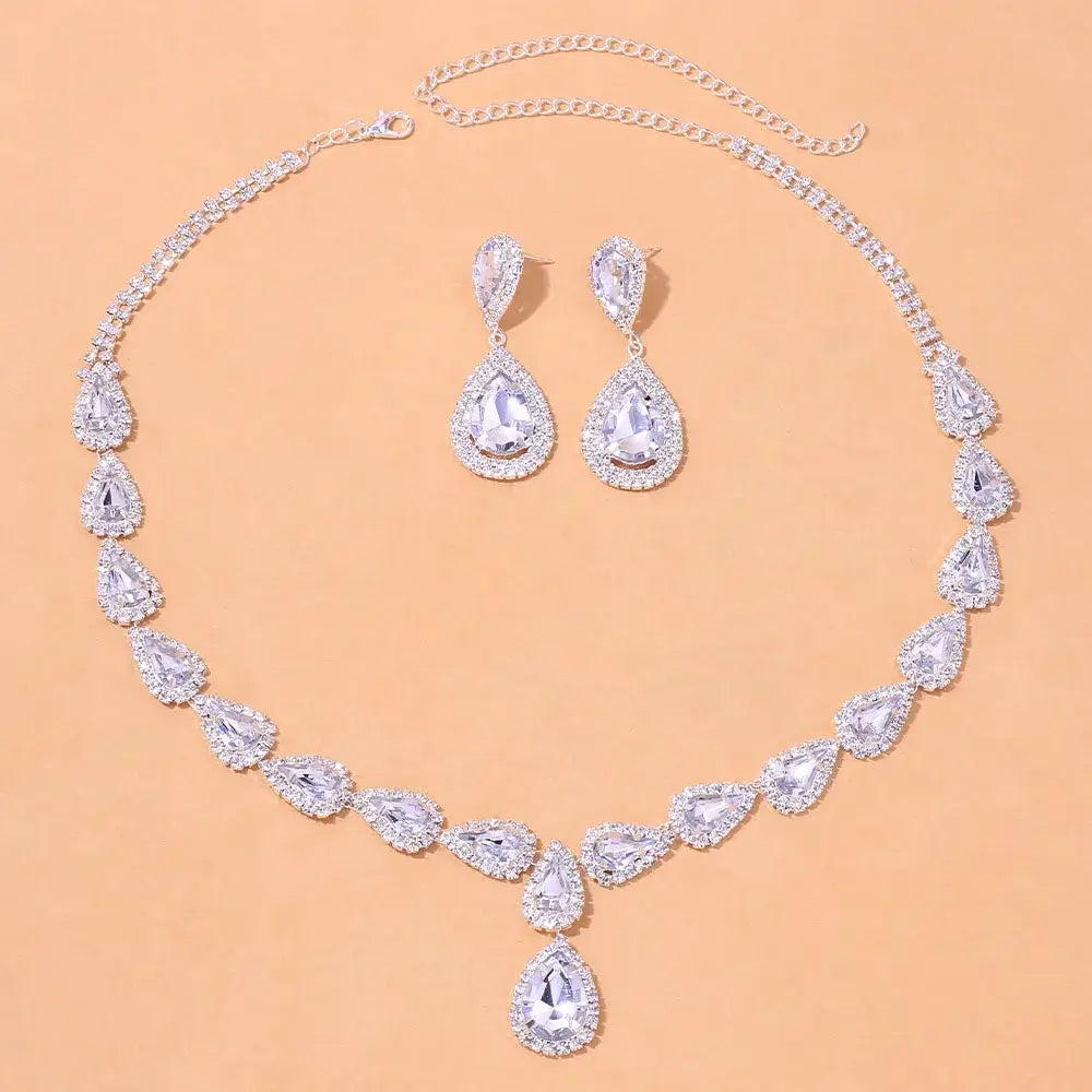 Geometric Rhinestone Bridal Jewelry Set with Zircon Necklace and Earrings T-1 Silver