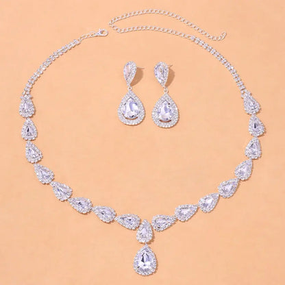 Geometric Rhinestone Bridal Jewelry Set with Zircon Necklace and Earrings T-1 Silver