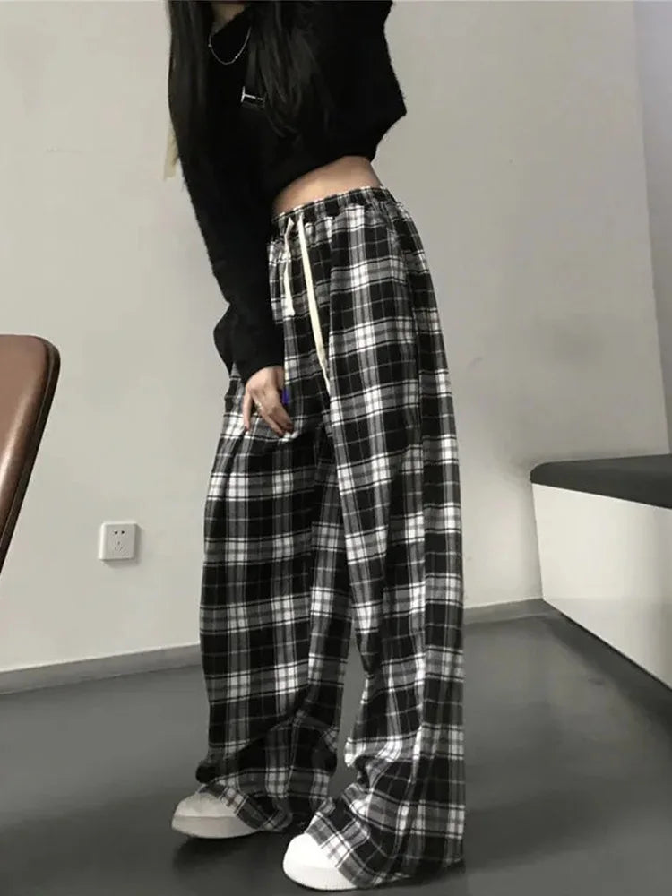 Plaid Black White Wide Leg Pants For Women Retro Streetwear