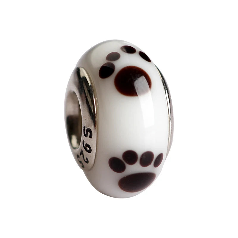 925 Sterling Silver Murano Glass Footprint Charm Colorful Zircon Bead for Women DIY Necklace and Bracelet Jewelry