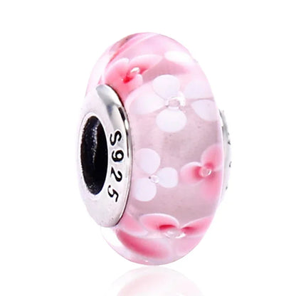925 Sterling Silver Cosmic Rainbow Murano Glass Beads with Flower and Leaf Charms for DIY Women Jewelry