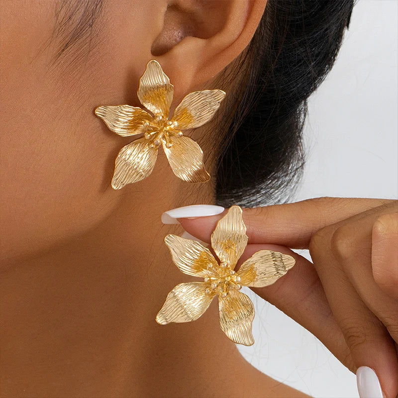 Romantic Enamel Petal Post Earrings for Women - Classic Metal Flower Accessories