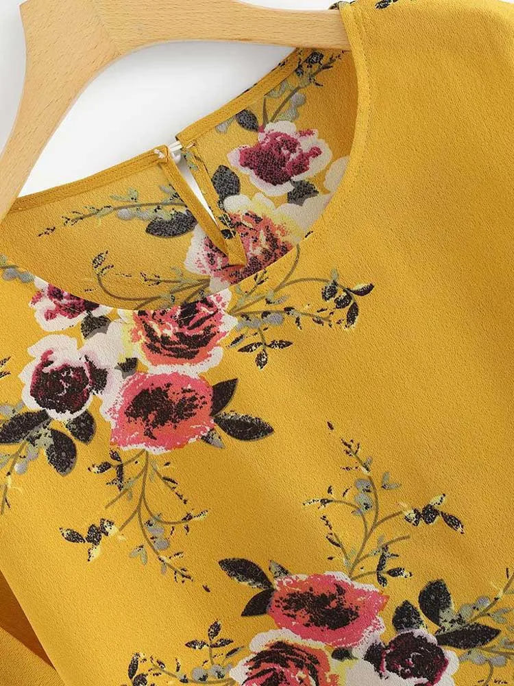 Summer Floral Print Blouse O Neck Short Sleeve Women