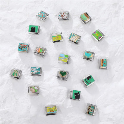 Y2K Green Series Italian Charm Bracelet Links with Camera Woods Flowers Designs in Stainless Steel