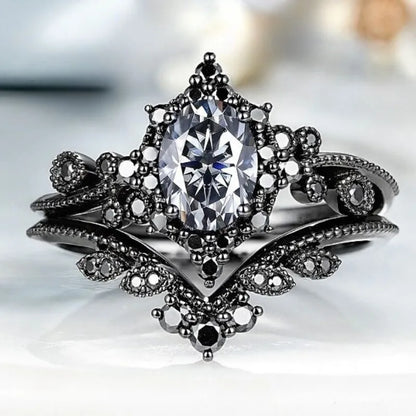 Elegant Black Stone Flower Rings Set for Women - Classic Party Jewelry Gift
