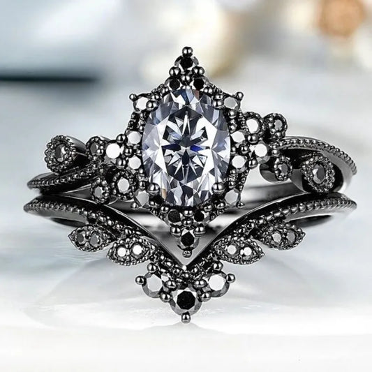 Elegant Black Stone Flower Rings Set for Women - Classic Party Jewelry Gift