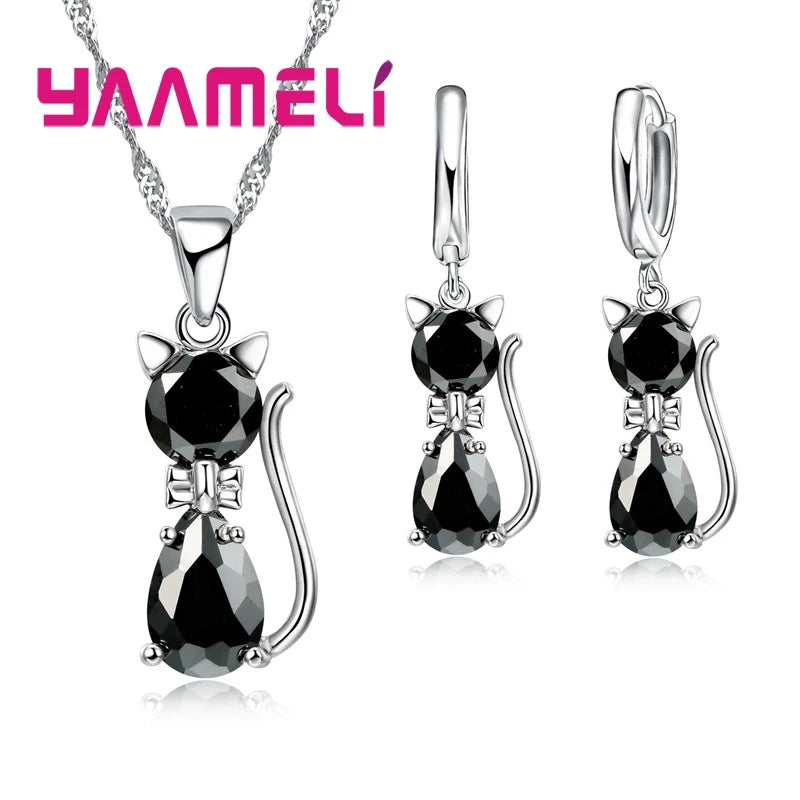 Elegant 925 Sterling Silver Cat Pendant Necklace and Earrings Set with Austrian Crystals for Women