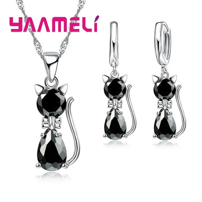Elegant 925 Sterling Silver Cat Pendant Necklace and Earrings Set with Austrian Crystals for Women