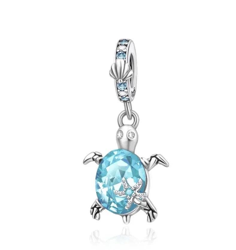 Summer Murano Glass Sea Turtle Dangle Charm Colorful Crystal Zircon Pendant 925 Sterling Silver Fine Jewelry for Original Bracelets