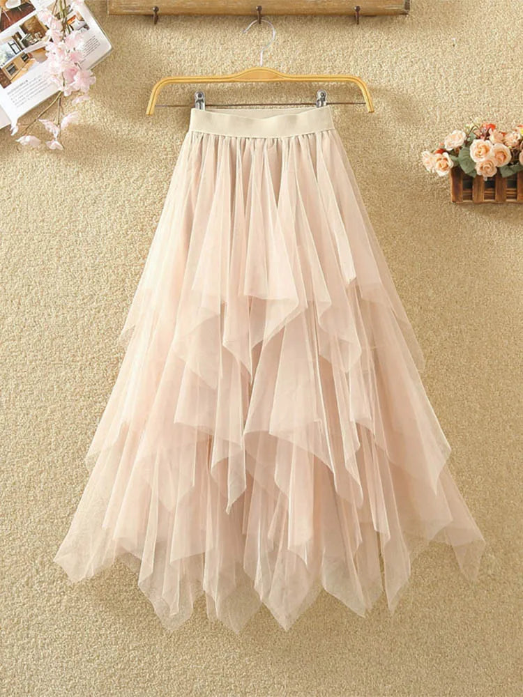 Women Irregular Tulle Skirt Elastic High Waist Mesh Midi
