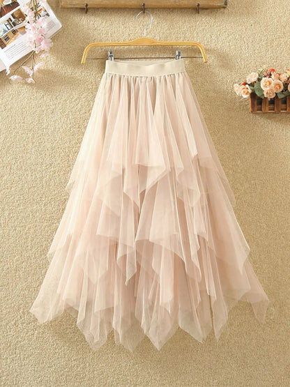 Women Irregular Tulle Skirt Elastic High Waist Mesh Midi