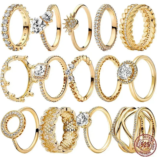Gold Tone 925 Sterling Silver Square Heart Crown Ring for Women