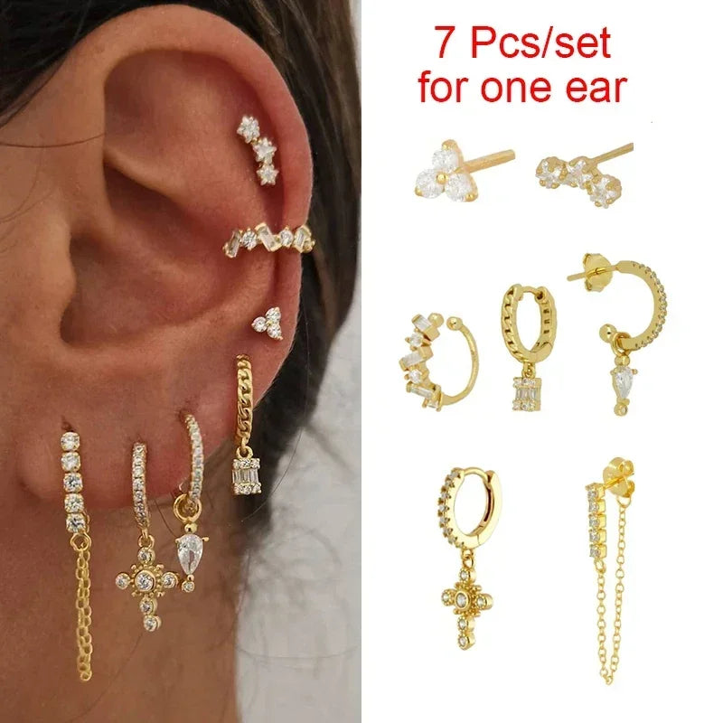 Crmya Gold Plated Women's Earrings Set with Vintage CZ Zircon Drop and Stud Hoops