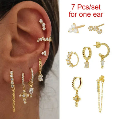 Crmya Gold Plated Women's Earrings Set with Vintage CZ Zircon Drop and Stud Hoops