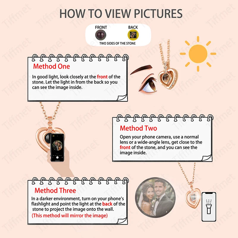 Custom Photo Projection Necklace Copper Pendant with Titanium Steel Chain for Women