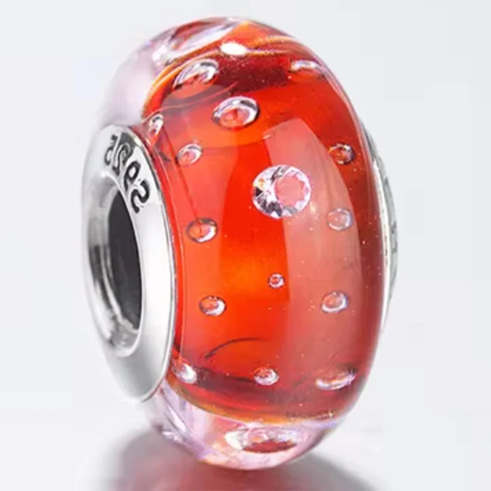 925 Sterling Silver Cosmic Rainbow Murano Glass Beads with Flower and Leaf Charms for DIY Women Jewelry
