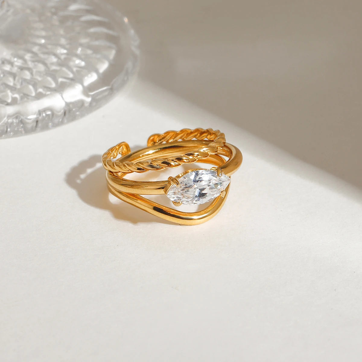 Youthway Elegant 18k Gold Plated Geometric Zirconia Ring Sets For Women Stainless Steel Fashion Jewelry