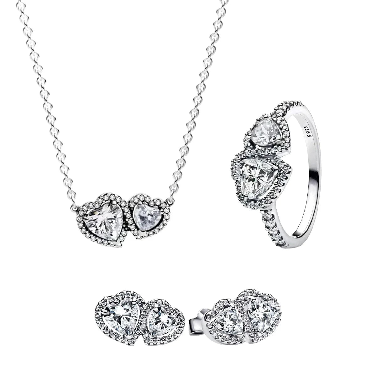 925 Sterling Silver Heart Jewelry Set With Colorful Zircon Sparkling Ring Earrings and Necklace for Women Gift