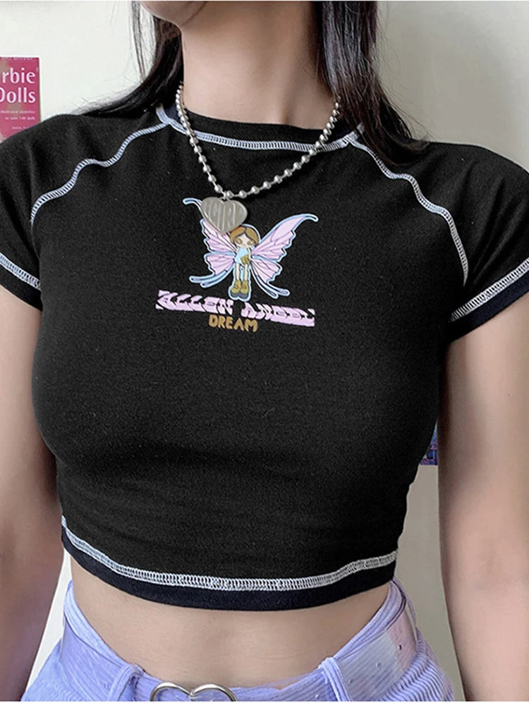 Butterfly Graphic Green Letter Print Crop Top O Neck Tee