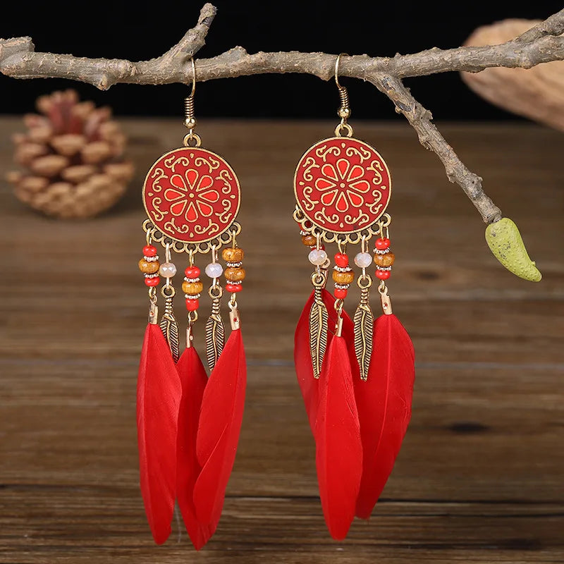 Bohemian Long Feather Drop Earrings with Tassel Beads and Enamel Flowers for Women
