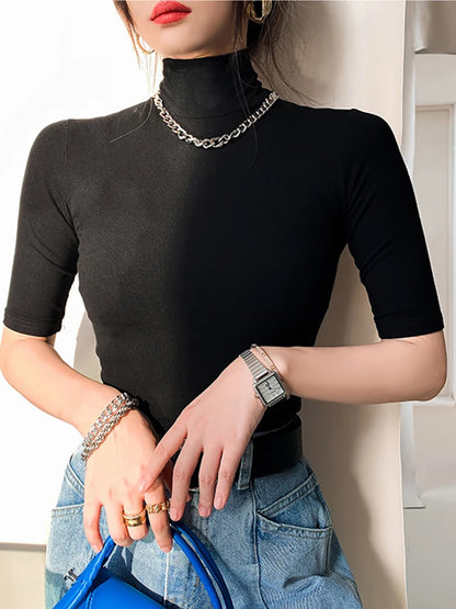Women Cotton Turtleneck Slim Tee Short Sleeve White Top