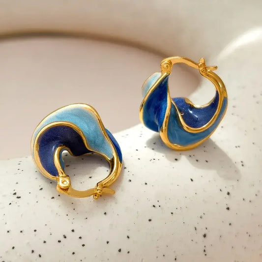 New Trendy Enamel Blue Metal Small Hoop Earrings for Women e1709lan