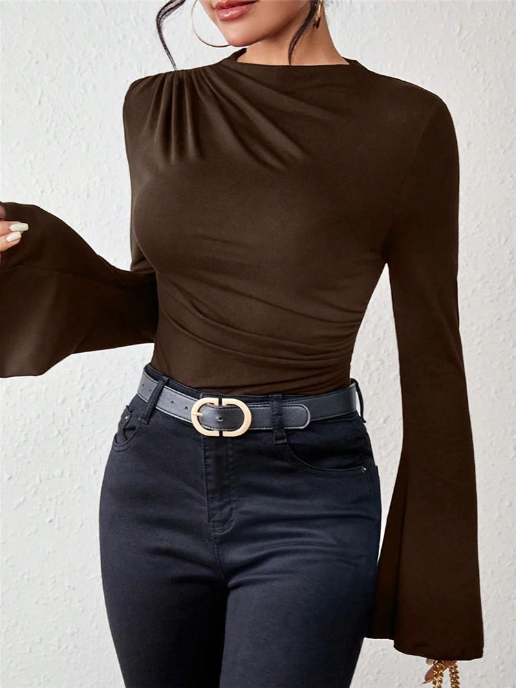 Flare Sleeve Stand Collar Slim Fit Knit Tee Autumn Style