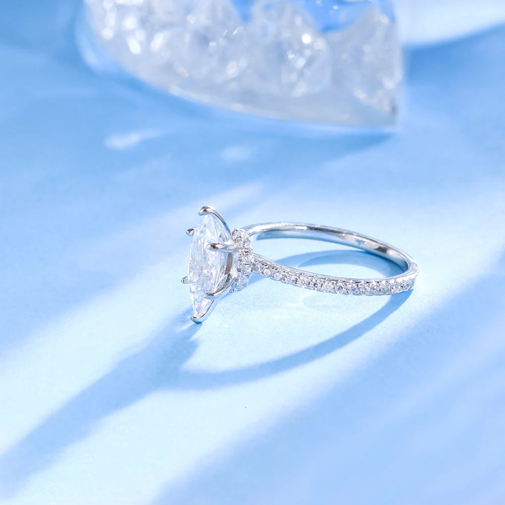 QooLady Dazzling 925 Sterling Silver Marquise Cut Cubic Zircon Wedding Engagement Ring for Women Fine Jewelry