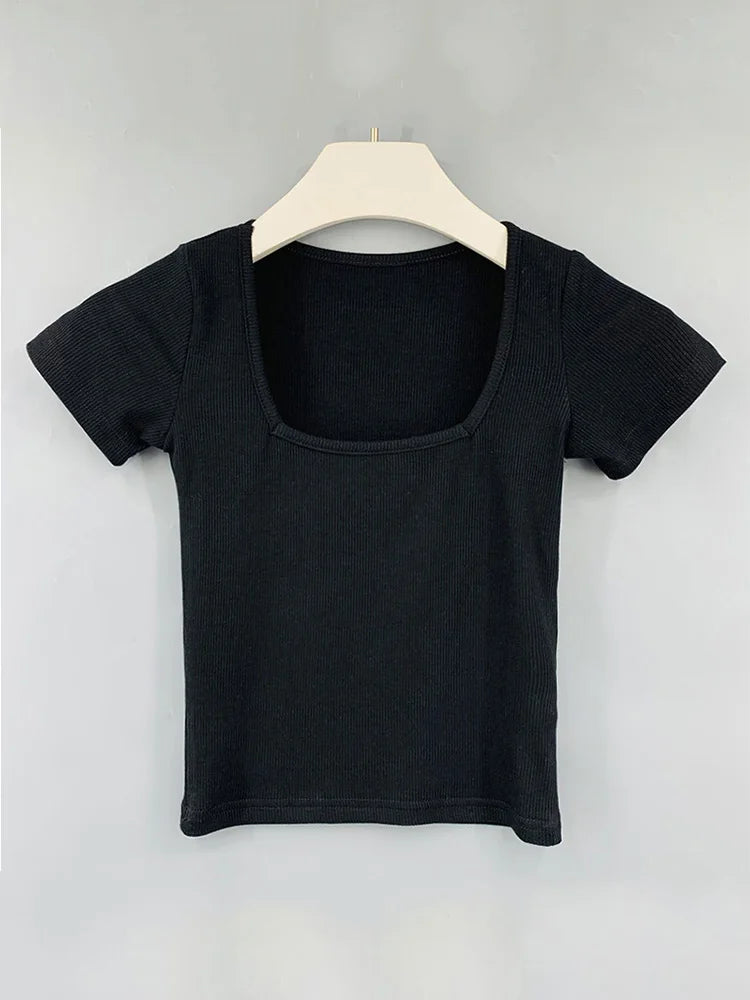 Square Collar Slim Crop Cotton Tee For Women Summer