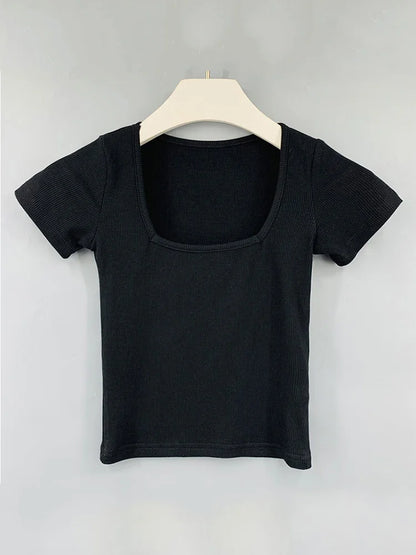 Square Collar Slim Crop Cotton Tee For Women Summer