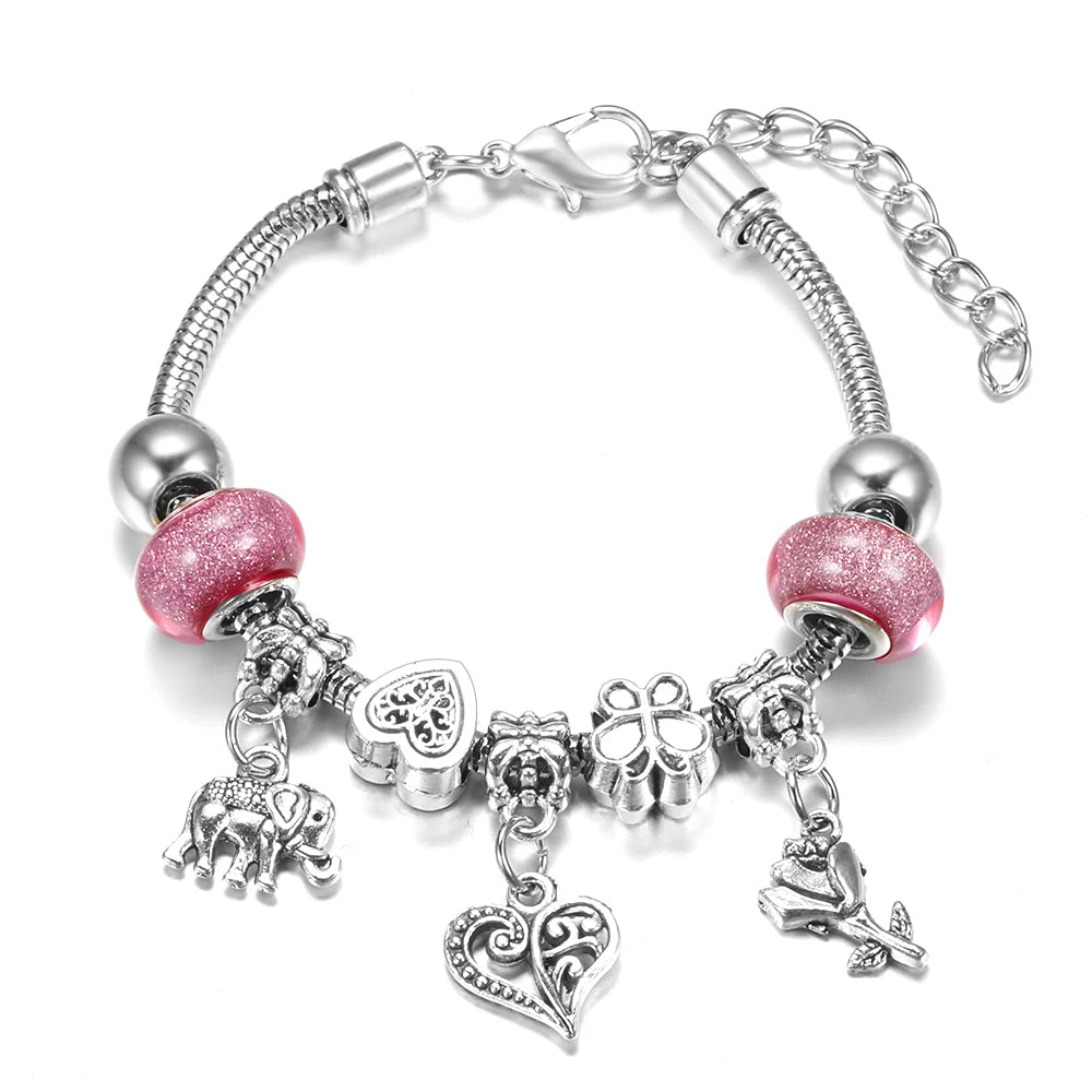 Elegant Heart Lock Charm Beaded Bangle Adjustable Snake Chain Bracelet for Women