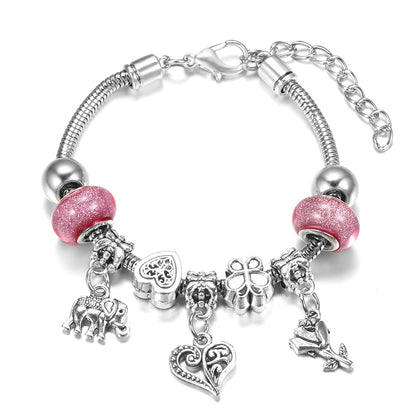 Elegant Heart Lock Charm Beaded Bangle Adjustable Snake Chain Bracelet for Women