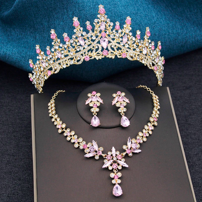 Elegant Silver Opal Blue Wedding Crown Jewelry Set for Women - Princess Tiaras, Earrings, and Necklace for Prom Gifts