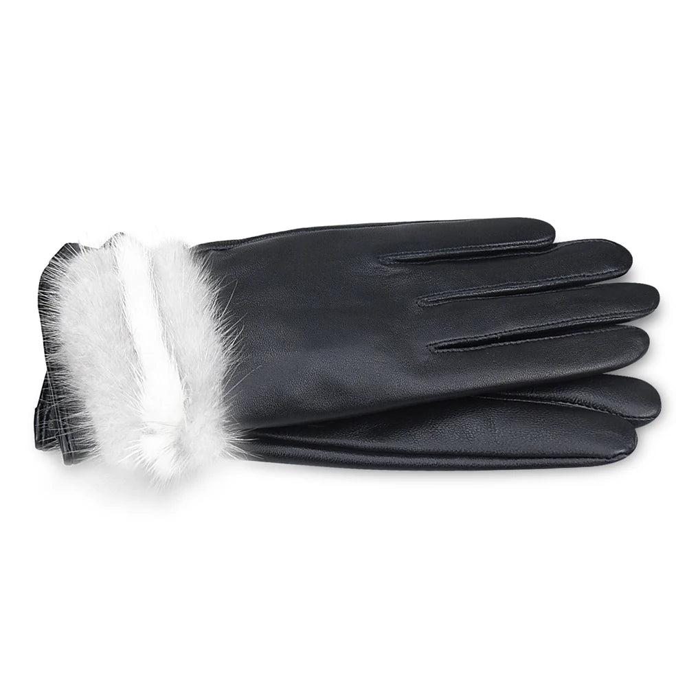 Autumn Winter Colorblocked Mink Lambskin Touchscreen Gloves
