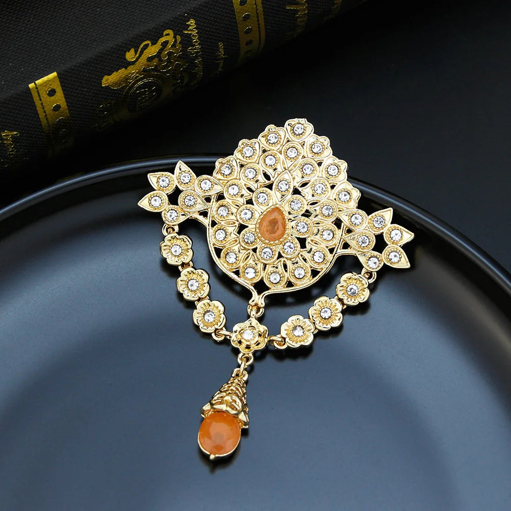 Elegant Gold Flower Brooch for Women - Crystal Embellished Moroccan Jewelry for Caftans and Hijabs