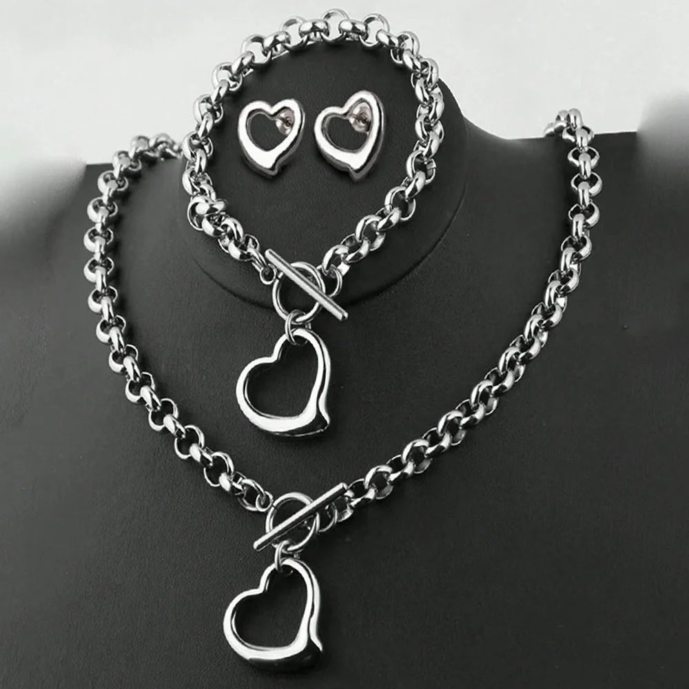 DOTIFI Exquisite Love Fashion Stainless Steel Jewelry Set with Necklace Earrings and Bracelet for Women Party Favors