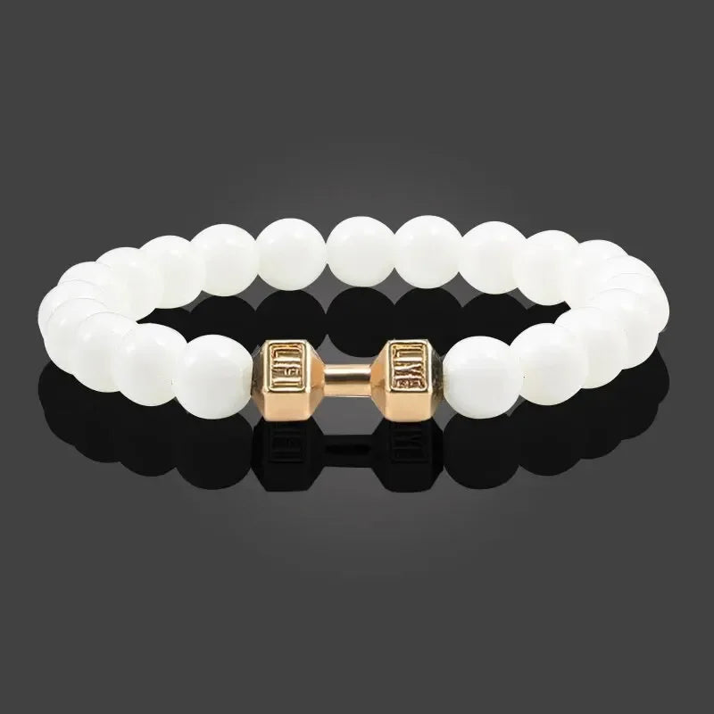 Vintage Men's Natural Stone Bead Bracelet With Dumbbell Pendant beige gold